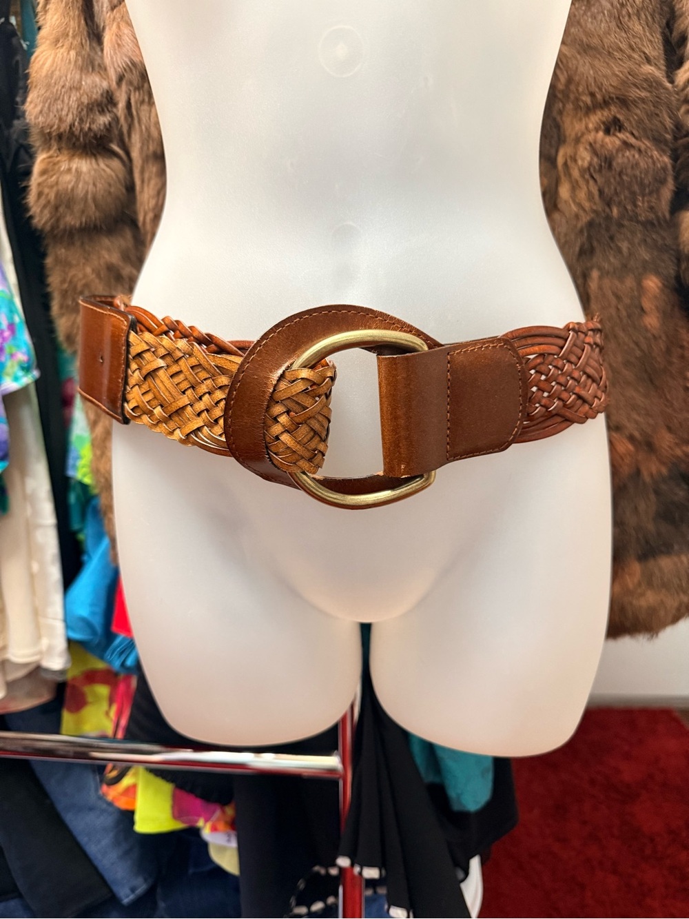 Y2K Vintage Woven Genuine Leather Waist Belt with Gold Ring - Brown